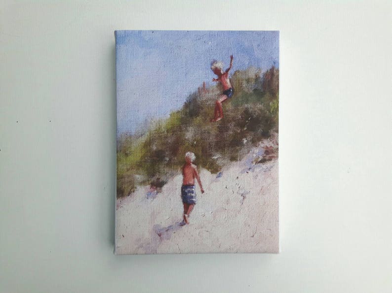 Small swimmer print, print on canvas, tiny painting, small canvas, print acrylic, lake painting, swimming print, gift for her, glicee canvas image 1