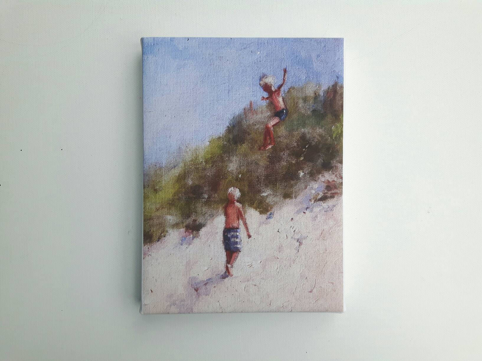 Small swimmer print, print on canvas, tiny painting, small canvas, print acrylic, lake painting, swimming print, gift for her, glicee canvas
