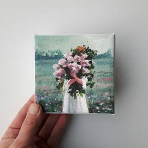 kleiner Leinwanddruck, Mädchengemälde, Blumendruck, Portraitdruck, Boho-Druck, kleines Gemälde, winzige Leinwand, Minileinwand, 4x4-Druck
