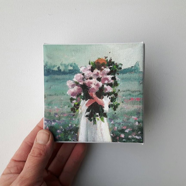 small canvas print, girl painting , flower print, portrait print, bohemian print, small painting, tiny canvas, mini canvas, 4x4 print