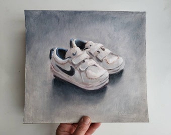 Baby Nike Schuhe, Baby Schuhe, Original Gemälde, Ölgemälde, kleines Gemälde, Stillleben Malerei, marleenart, Malerei auf Papier