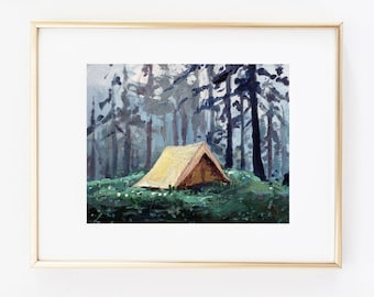 Small camping print, print on canvas, tiny painting, small canvas, tent painting, 5x7 print, explore art, gift for her, glicee canvas