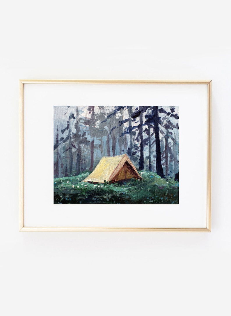 Small camping print, print on canvas, tiny painting, small canvas, tent painting, 5x7 print, explore art, gift for her, glicee canvas image 1