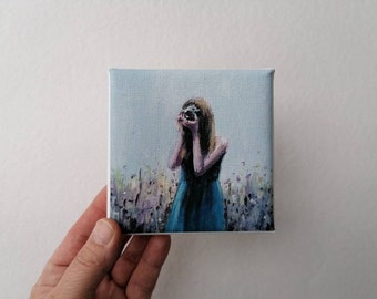 small canvas print, girl painting , flower print, portrait print, bohemian print, small painting, tiny canvas, mini canvas, 4x4 print