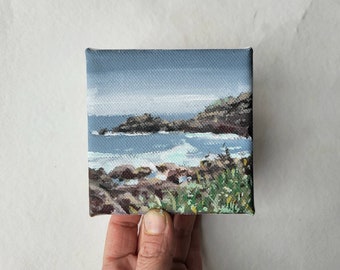 original acrylic painting, beach painting, sea painting, summer painting, small 4X4 painting, acrylics on canvas, small art