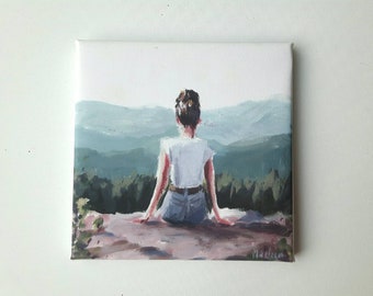 small canvas print, girl painting , wanderlust print, mountain print, bohemian print, small painting, tiny canvas, mini canvas, woman print