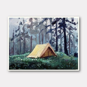 Small camping print, print on canvas, tiny painting, small canvas, tent painting, 5x7 print, explore art, gift for her, glicee canvas 画像 2