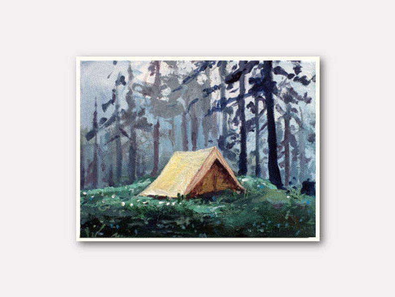 Small camping print, print on canvas, tiny painting, small canvas, tent painting, 5x7 print, explore art, gift for her, glicee canvas 画像 2