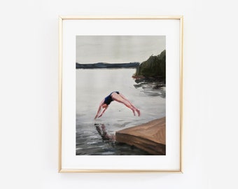 swimmer print, woman painting, swimming print, swimmer art, marleenart, print from original, acrylic painting,