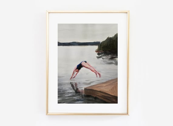 swimmer print, woman painting, swimming print, swimmer art, marleenart, print from original, acrylic painting,