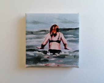 Small swimmer print, print on canvas, tiny painting, small canvas, print acrylic, lake painting, swimming print, gift for her, glicee canvas