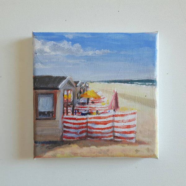 original acrylic painting, beach hut, beach house painting, sea painting, summer painting, small painting, acrylics on canvas, mini art,