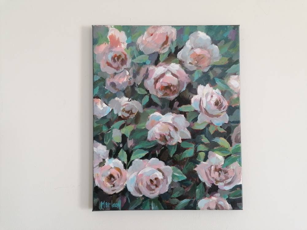 原画・ 手描き A4額付アクリル絵画『小さな庭の片隅で』薔薇・バラ