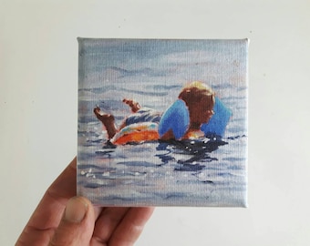 Small swimmer print, print on canvas, tiny painting, small canvas, print acrylic, lake painting, swimming print, gift for her, glicee canvas