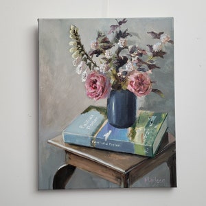 garden roses, original acrylic painting, floral painting, Pink flowers, 16x20 painting, roses painting, acrylics on canvas, boho art, rose image 2
