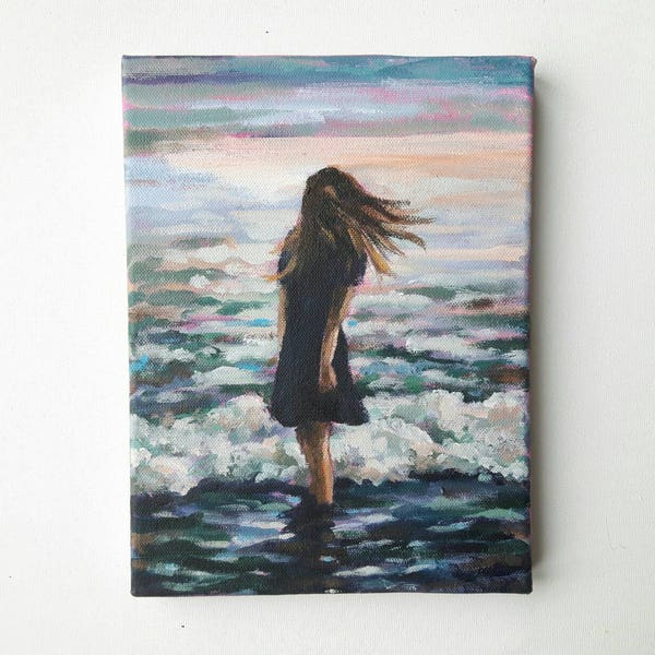 original acrylic, painting, beach painting, swimmer painting, sea painting, summer painting, small painting, acrylics on canvas, bather art