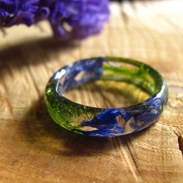 Blue Fairy Ring, Nature Moss Resin Ring, Elf Ring, Botanical Flower Ring, Boho Ring, Magic Ring for Girlfriend