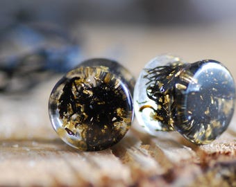 Black Seaweed Ear Plugs with Gold Flakes, Black Resin Gauges, Ocean Ear Gauges, Dark Ear Plugs, Marine Plugs for Him