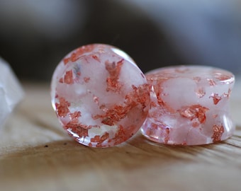 White Quartz Ear Plugs with Copper Flakes, Handmade Stone Gauges, 2G to 50mm