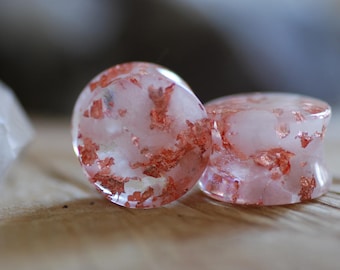 White Quartz Ear Plugs with Copper Flakes, Protective Gauges, Quartz Stone Plugs, Double Flared Plugs, 2g Plugs to 50mm