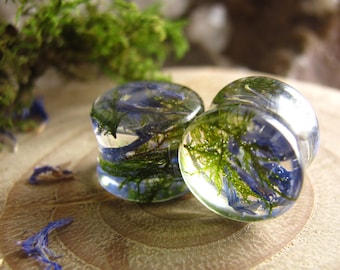 Blue Flower Plugs, Fairy Resin Gauges, Nature Plant Stretchers, Blue Wedding Gauges For Her, Botanical Plugs