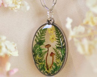 Forest Mushroom Necklace, Handmade Terrarium Pendant with Ferns, Goblincore Jewelry