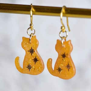 Orange Cat Resin Dangle Earrings: Gold Flake Kitty Jewelry