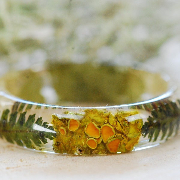 Fern and Forest Lichen Ring, Magic Fern Resin Ring, Green Fairy Leaf Ring, Mountain Ring, Nature Inspired Jewelry, Gift for Forest Lovers