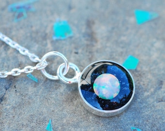 Full Moon Opal Necklace, Sterling Silver Galaxy Pendant, October Birthstone Gift