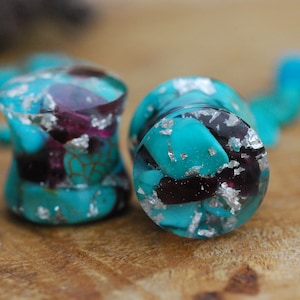 Turquoise Gemstone Plugs with Silver Flakes, Garnet Stone Gauges, Handmade Resin Plugs, December Birthstone Plugs