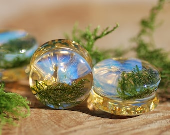 Opalite Stone Resin Gauges, Nature Moss Gold Ear Plugs, Iridescent Opalescent Gemstone Plugs, Brilliant Double Flared Ear Gauges