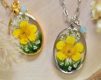 Spring Yellow Flower Resin Necklace · March Birth Flower & Aquamarine Charm · Gold or Silver Botanical Jewelry