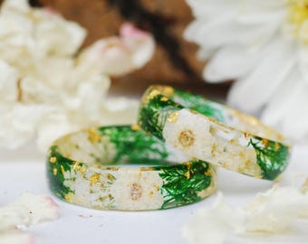 Nature Inspired White Flower Ring, Engagement Resin Band, Cottagecore Style Jewelry