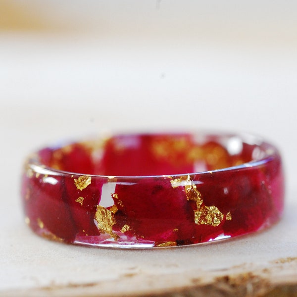Red Rose Resin Ring with 24k Gold Flakes: June Birth Flower Jewelry