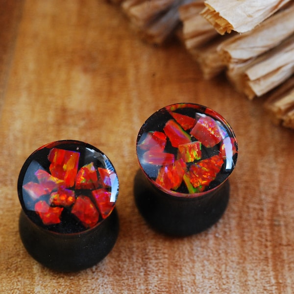 Red Fire Opal Ear Plugs, Black Resin Ear Gauges, Red St Plugs, Synthetic Opal Plugs, October Birthstone Stretchers, Gothic Ear Plugs