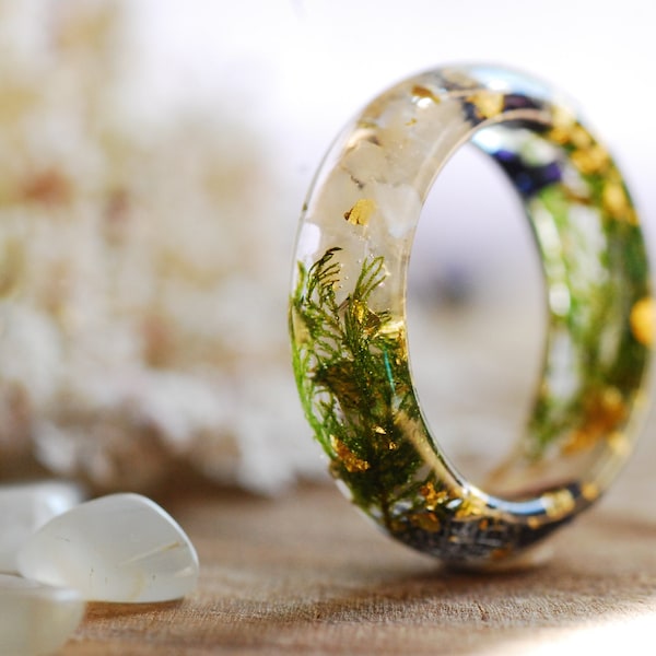 Moonstone Resin Ring with Purple Flowers, June Birthstone Ring, Goddess Ring, Nature Rings for Women