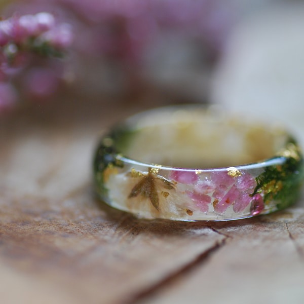 Pink Tourmaline Ring, Resin Ring with White Flowers, Feminine Pressed Flower Jewelry, Tourmaline October Birthstone Ring