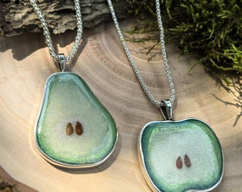 Limited Edition Resin Fruit Pendants, Sterling Silver Apple Pear Necklaces, Real Seeds