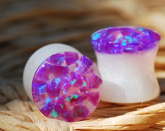 Purple Opal Ear Plugs, Rainbow Resin Ear Gauges, Iridescent Gemstones Plugs, October Birthstone Stretchers, Romantic Wedding Plugs