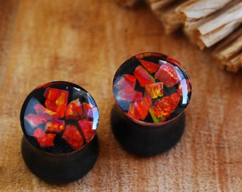 Red Fire Opal Ear Plugs, Black Resin Ear Gauges, Red St Plugs, Synthetic Opal Plugs, October Birthstone Stretchers, Gothic Ear Plugs