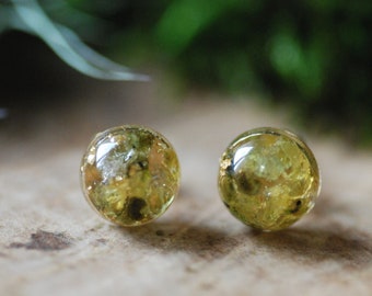 Peridot and Gold Flake Resin Stud Earrings · Natural Gemstone Jewelry · August Birthstone