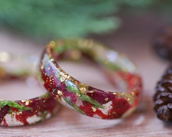 Christmas Resin Ring, Holiday Rings, Red roses and Green moss Ring, Christmas Gold Ring, Christmas Jewelry, Best Christmas Gift, Friendship
