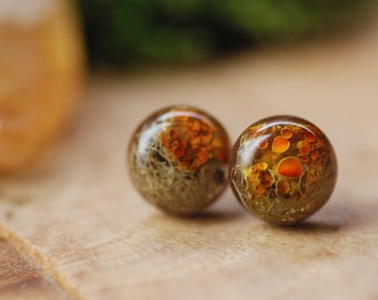 Puces d'oreilles en lichen des forêts, boucles d'oreilles en mousse d'arbre, cadeau pour amoureux de la nature, boucles d'oreilles rustiques, boucles d'oreilles en résine des bois, cadeau pour elle