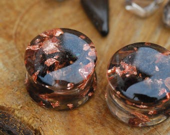 Smoky Quartz Ear Gauges, Brown Copper Plugs, Dark Ear Plugs, Gemstone Resin Plugs, Double Flare Plugs, Gauge 2 Plugs