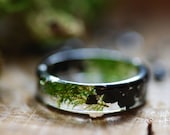Black Tourmaline Men Ring, Gemstone Ring, Green Moss Ring, Botanical Gift, Black Ring for Men, Nature Resin Ring, Mens Gift