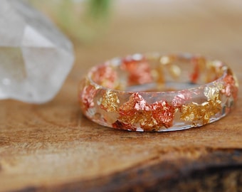 Gold Copper Resin Ring, Faceted Stacking Ring, Clear Thin Ring, Gold Copper Flakes, Stackable Rings for Women