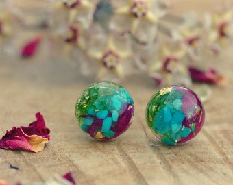 Turquoise Resin Stud Earrings, Pink Flowers Tiny Gemstone Earrings, December Birthstone Earrings, Turquoise Jewelry, Gifts for Her