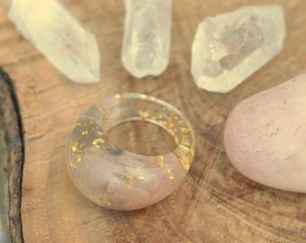 Rose Quartz Statement Ring, Chunky Quartz Ring, Crystal Resin Ring, Grey Moonstone Big Ring, June Birthstone Ring, for Her