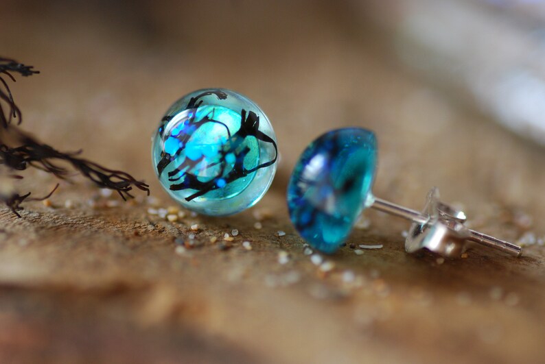 Real Seaweed Stud Earrings, Ocean Resin Earrings, Unique Blue Sea Earrings, Gift for Ocean Lovers, Mermaid Jewelry image 4