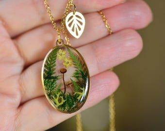 Real Mushroom Forest Resin Pendant with Ferns and Moss, Terrarium Jewelry